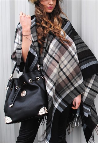 AILSA BLACK BEIGE TARTAN WRAP BLANKET CAPE