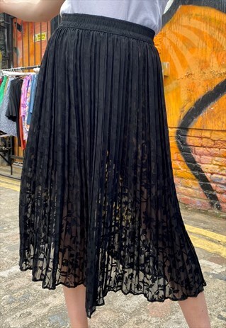VINTAGE 70S SKIRT PLEATED IN BLACK SEE THROUGH WITH FLOWERS
