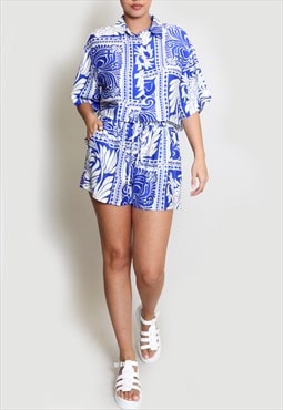 Leaf Print Blouse And Shorts Set In Blue