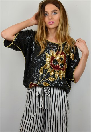 VINTAGE BLACK, RED & GOLD SPARKLY SEQUIN FESTIVAL TOP