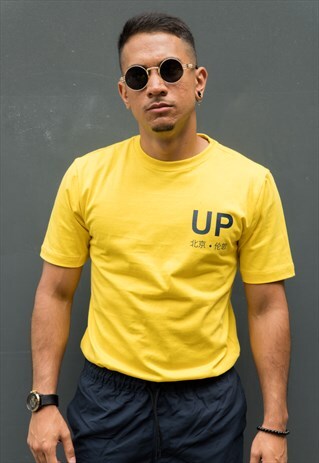 URBAN PANDA ROUND NECK T SHIRT - YELLOW & STEEL BLUE
