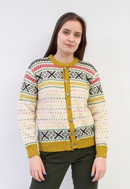 Vintage Women's S Cardigan Jacket Norway Wool Sweater Yellow