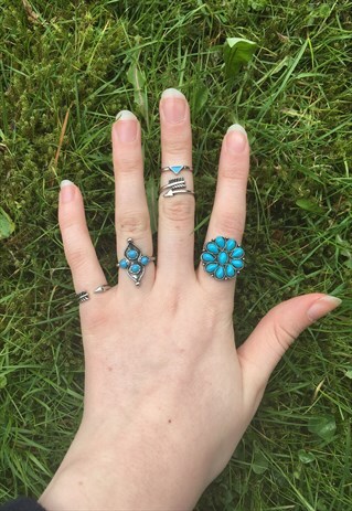 WOMENS TURQUOISE SILVER COLOUR X5 SET OF RINGS BOHO FLOWER