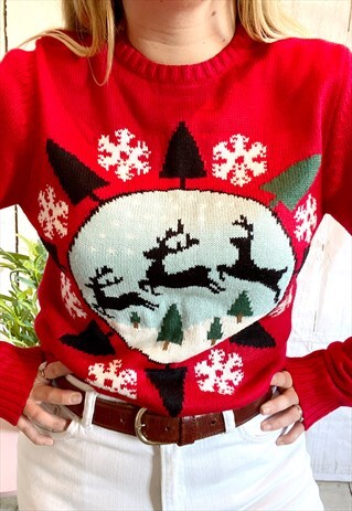VINTAGE CHRISTMAS RETRO 80'S REINDEER SNOWFLAKE JUMPER