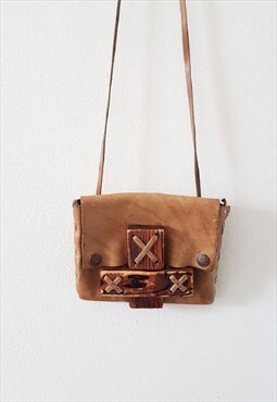 Vintage Leather and Wood Rustic Leather Mini Bag