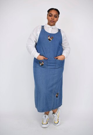 VINTAGE 90'S LONG DENIM EMBROIDERED PINAFORE DRESS