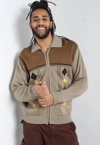 VINTAGE 80'S ZIP UP GRANDAD CARDIGAN BEIGE