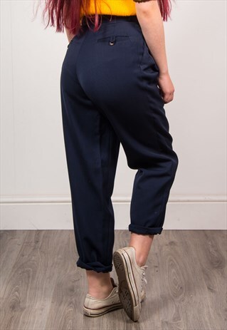 VINTAGE 90'S NAVY BLUE SMART HIGH WAIST TAPERED TROUSERS