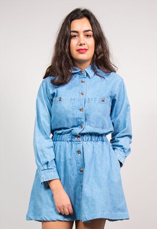 90'S VINTAGE LIGHT BLUE DENIM BUTTON FRONT DRESS