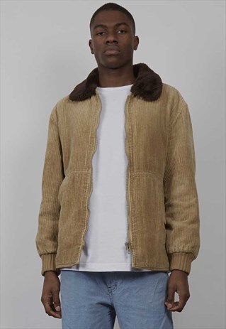 VINTAGE 90'S FAUX FUR COLLARED TAN CORDUROY BOMBER JACKET