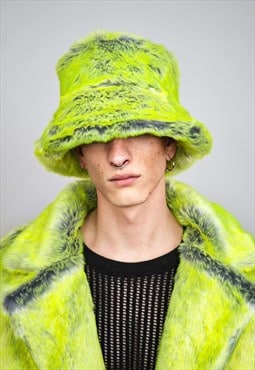 Neon faux fur bucket hat green luminous furry fisherman cap