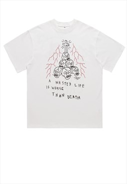 Skull print t-shirt grunge graffiti tee retro punk to white