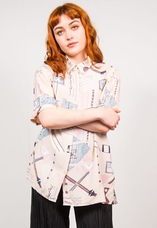 VINTAGE 90'S PALE PINK ABSTRACT PATTERN SHIRT BLOUSE