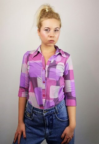 VINTAGE 70'S PURPLE RETRO PRINT SHIRT/TOP / SM0072