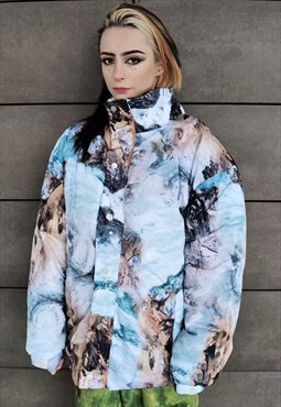 Abstract mountain print bomber north puffer jacket Sky blue