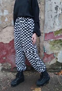 SKA check fleece joggers detachable handmade chess overalls