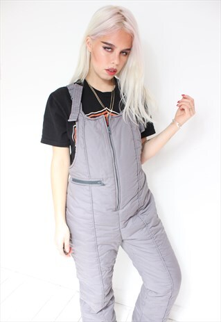 VINTAGE 70S GREY PADDED SKI OVERALLS