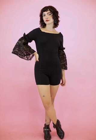 VINTAGE BELL SLEEVE JERSEY PLAYSUIT IN BLACK