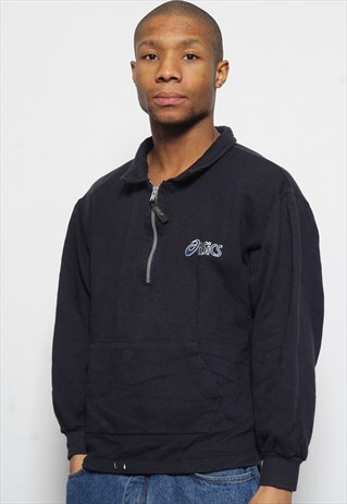VINTAGE ASICS 1/4 ZIP LOGO SWEATSHIRT BLUE