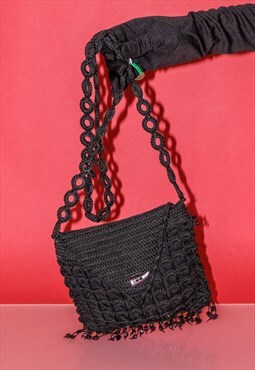 Vintage Y2K cute crochet cross body fringe bag in ink black