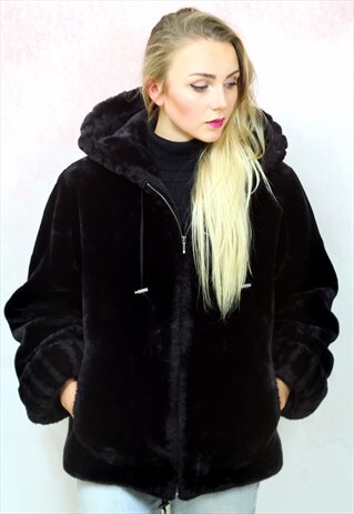 1990S VINTAGE DARK PURPLE ZIP UP FAUX FUR HOODED COAT
