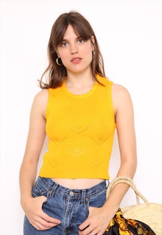 VINTAGE 70S YELLOW STRETCH KNIT T-SHIRT TOP