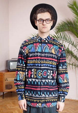 90S VINTAGE, ABSTRACT, GEOMETRIC PRINT HIPSTER SHIRT