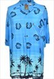 Vintage Floral Blue & Black Beach Print Hawaiian Shirt - XL