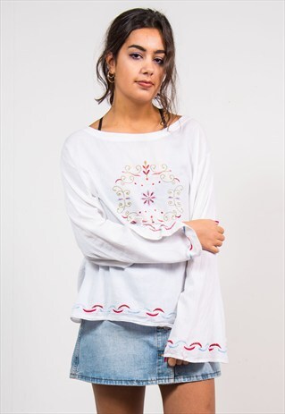 90'S VINTAGE WHITE EMBROIDERED HIPPIE BOHO TOP