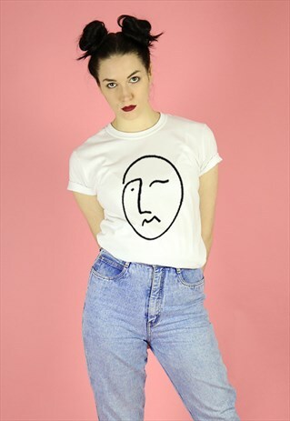 FACE PRINT LINE DRAWING ART T-SHIRT TOP - BLACK ON WHITE