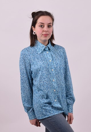 VINTAGE 70'S BLUE CRAZY PRINT DAGGER COLLAR SHIRT MEDIUM