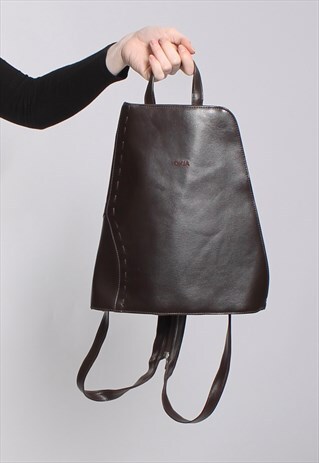 VINTAGE 90S BROWN FAUX LEATHER SIDE ZIP BACKPACK RUCKSACK