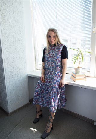 VINTAGE 80'S MULTICOLOUR FLOWER PRINT SLEEVELESS MIDI DRESS