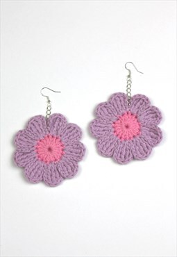 Giant Lilac & Pink Crochet Daisy Drop Earrings