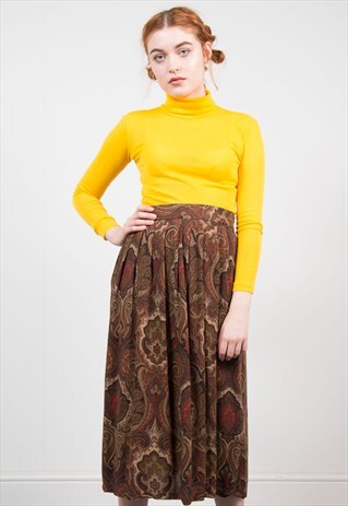 VINTAGE BROWN PAISLEY PATTERN MIDI SKIRT