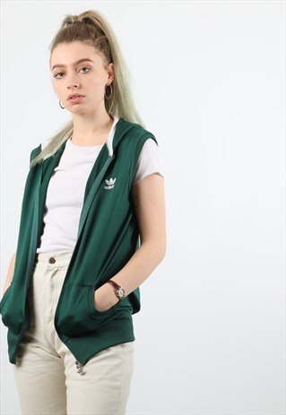 VINTAGE ADIDAS XL GREEN ZIPPED SLEEVELESS HOODIE