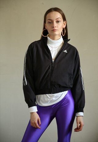 VINTAGE ADIDAS SHORT BLACK JACKET WITH 3 WHITE STRIPES