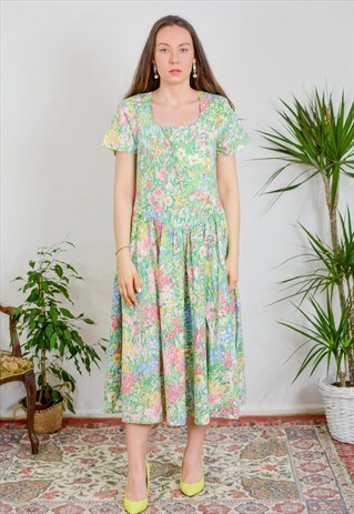 COTTON DRESS CASUAL VINTAGE FLORAL PRAIRIE SHORT SLEEVE XXXL