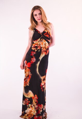FLORAL POPPY PRINT MAXI HIGH WAIST DRESS (BLACK)