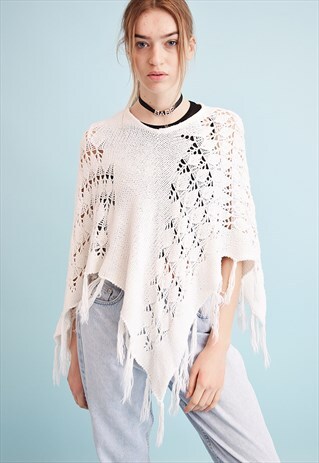 VINTAGE 90'S RETRO NEUTRAL KNIT CAPE PONCHO JACKET