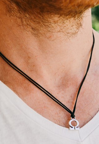 SILVER TONE OMEGA NECKLACE FOR MEN BLACK CORD GREEK LETTER