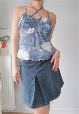 vintage y2k blue denim patchwork printed cami top 