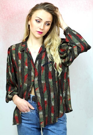 1980S VINTAGE BROWN WITH RED STRIPED SILKY BLOUSE