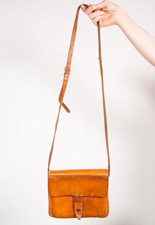 90'S RETRO TAN BROWN LEATHER SHOULDER SATCHEL BAG