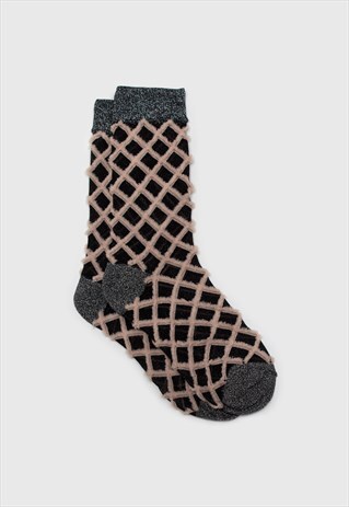 BEIGE FUZZY DIAMOND METALLIC SOCKS