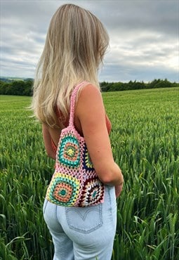 Pink Handmade Crochet Shoulder Tote Bag For Summer Festival