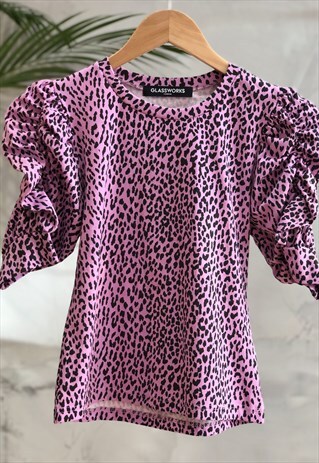 LILAC AND BLACK LEOPARD PRINT PUFF SLEEVE TOP