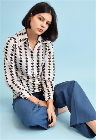 70'S RETRO MOD DOGTOOTH PATTERN SHIRT TOP BLOUSE