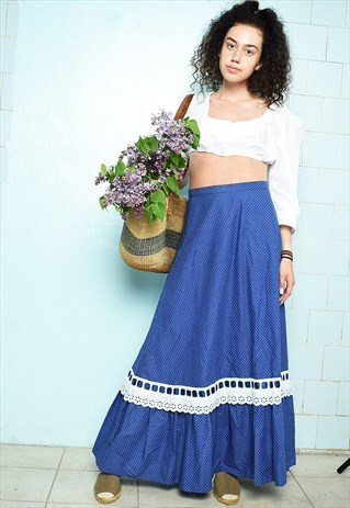 VINTAGE 60S BOHO MAXI MOD SKIRT FESTIVAL POLKA DOT HIPPIE