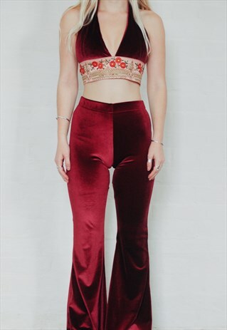 BURGUNDY VELVET CO-ORD SET WITH FLARES AND HALTERNECK